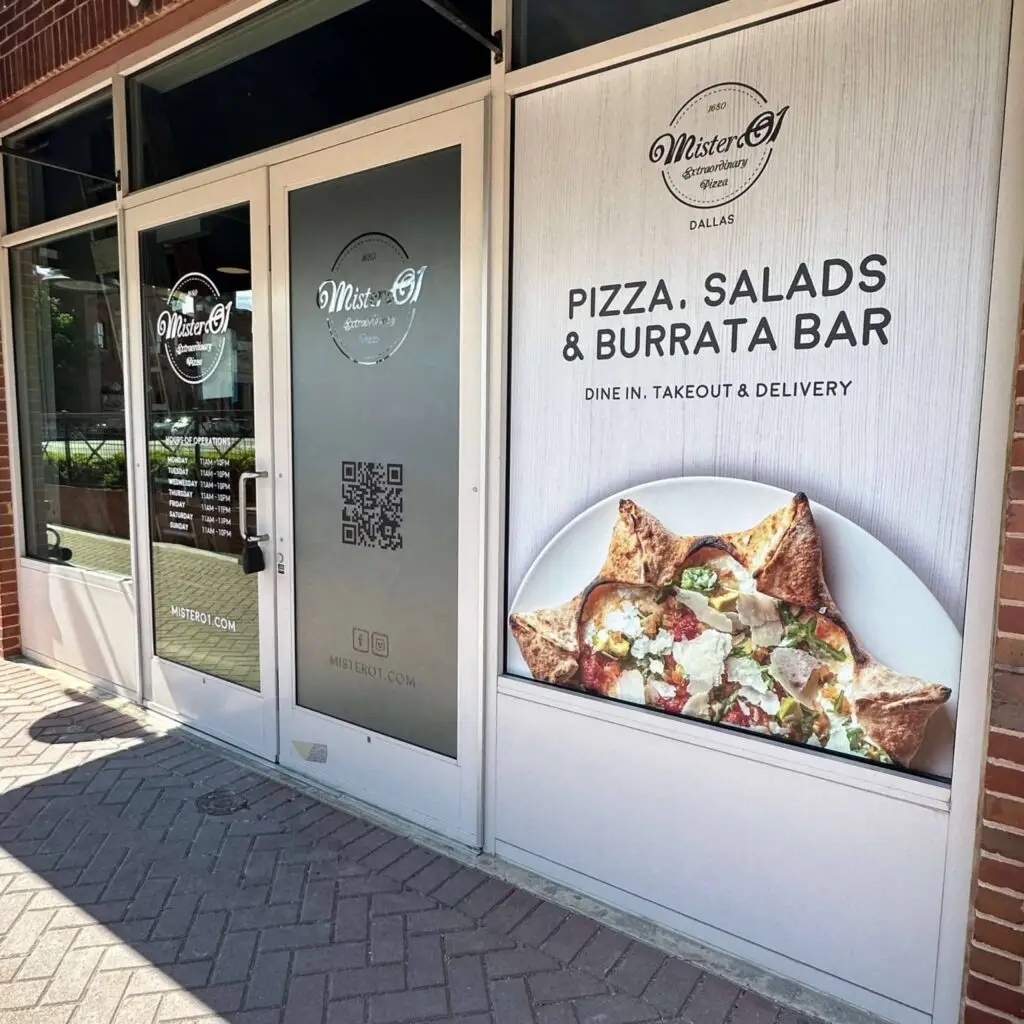 Vinyl window graphics and branded storefront at Mister O1 Extraordinary Pizza in Dallas-Fort Worth
